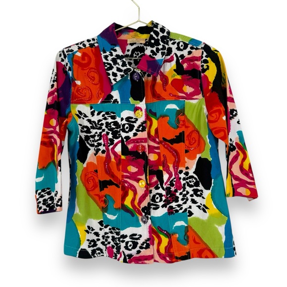 Y2K VTG Choices Maximalist Colorful Multicolor Print Sequin Denim Jacket, Size S - Picture 7 of 8